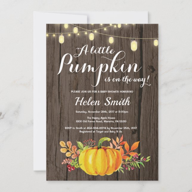 Rustic Pumpkin Mason Jar String Lights Baby Shower Invitation (Front)