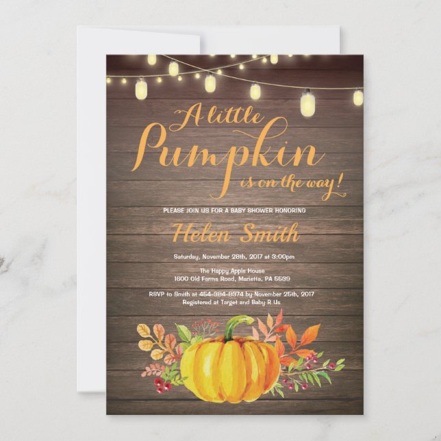 Rustic Pumpkin Mason Jar String Lights Baby Shower Invitation (Front)
