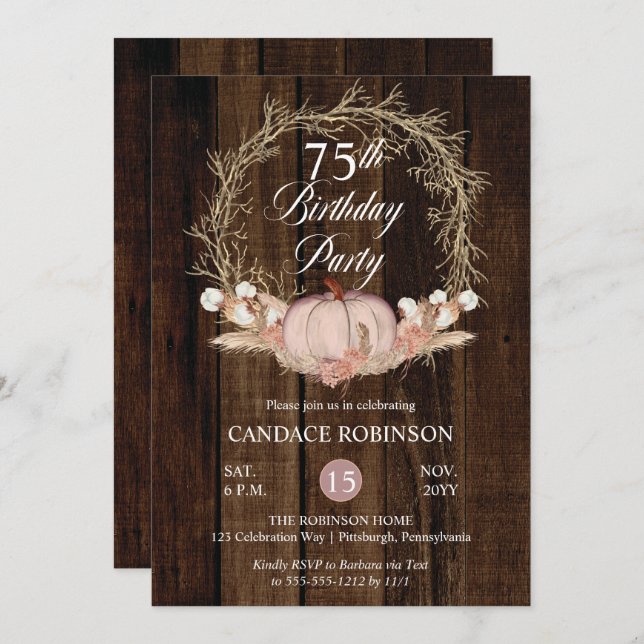 Rustic Pumpkin Pampas Wreath 75th Birthday Party Invitation (Front/Back)