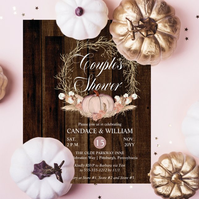 Rustic Pumpkin Pampas Wreath Couple's Shower Invitation (Rustic Pink Pumpkin Pampas Twig Wreath on Dark Faux Wood Couple's Shower Invitation)
