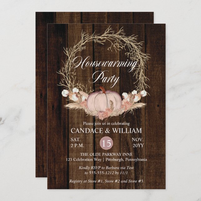Rustic Pumpkin Pampas Wreath Housewarming Party Invitation (Front/Back)