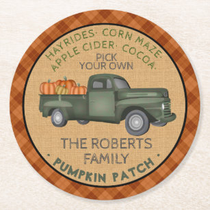 Rustic Pumpkin Patch Farm Vintage Truck Fall Plaid Round Paper Coaster