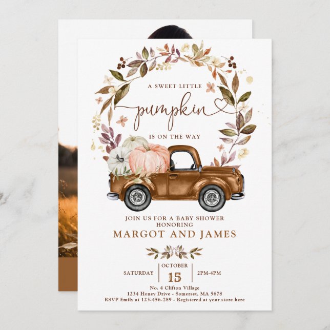 Rustic Pumpkin Pickup Truck Terracotta Baby Shower Invitation (Front/Back)