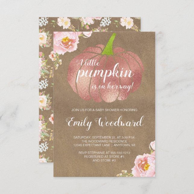 Rustic Pumpkin Pink Floral Girl Baby Shower Invitation (Front/Back)