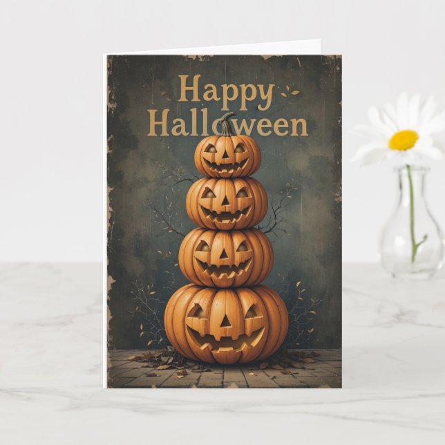 Rustic Pumpkin Stack Halloween Farmhouse Fall Vibe Card (Small Plant)