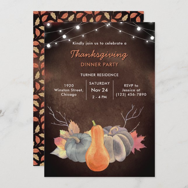 Rustic Pumpkin String Lights Foliage Thanksgiving Invitation (Front/Back)
