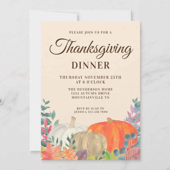 Rustic Pumpkin Thanksgiving Dinner Invitation (Front)