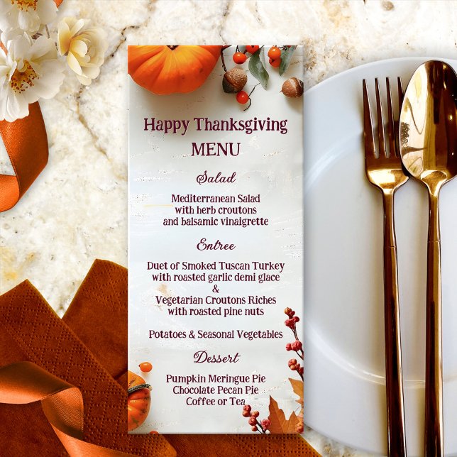Rustic Pumpkin Thanksgiving Fall Dinner  Menu (Thanksgiving dinner menu featuring a rustic whimsical design with colorful fall leaves and pumpkins)
