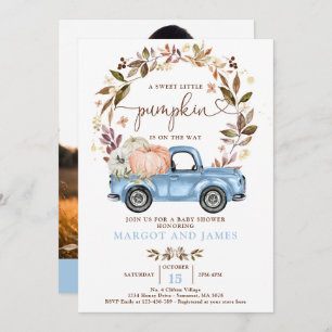 Rustic Pumpkin Truck Baby Blue Baby Shower Invitation