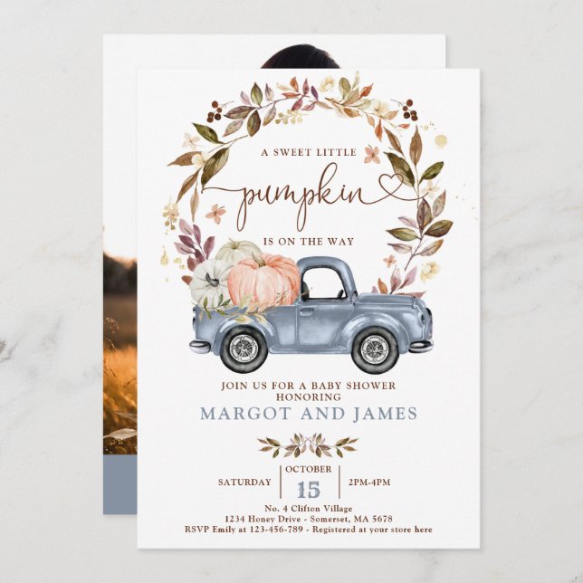 Rustic Pumpkin Truck Dusty Blue Baby Shower Invitation (Front/Back)