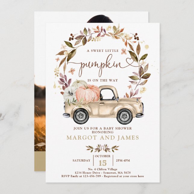 Rustic Pumpkin Truck Muted Tones Baby Shower Invitation (Front/Back)