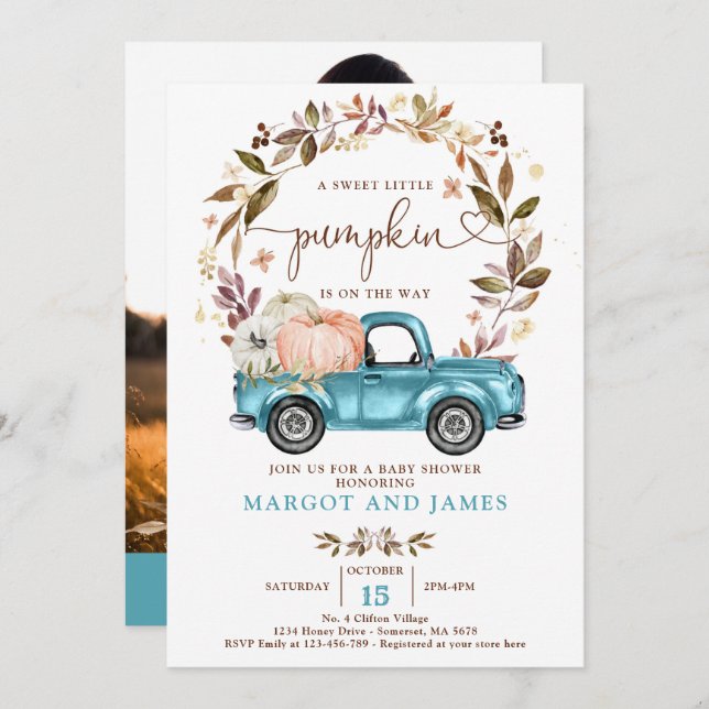 Rustic Pumpkin Truck Sapphire Blue Baby Shower Invitation (Front/Back)