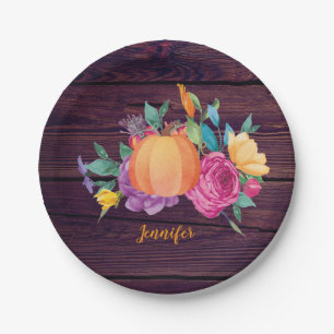 Rustic Pumpkin Watercolor Flowers Fall Party Paper Plate