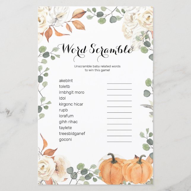 Rustic pumpkin Watercolor Word Scramble Game, (Front)
