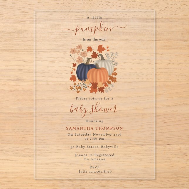 Rustic Pumpkin Wildflowers Fall Autumn Baby Shower Acrylic Invitations (Front)
