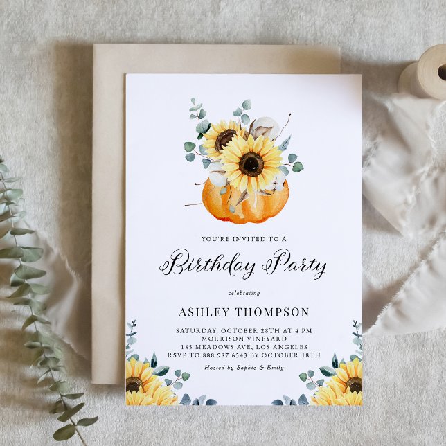 Rustic Pumpkin with Sunflowers Fall Birthday Party Invitation (Customizable fall birthday party invitation featuring watercolor pumpkin, sunflowers and greenery.)