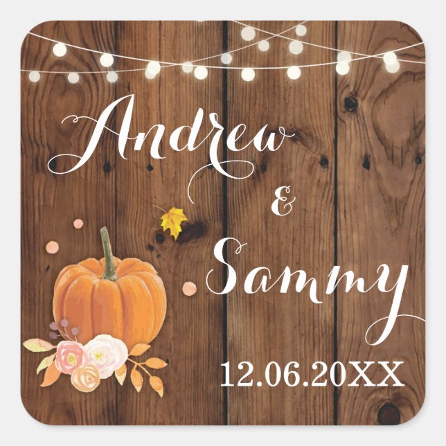 Rustic Pumpkin Wood Initials Name Stickers Label (Front)