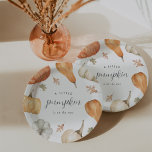 Rustic Pumpkins Fall Baby Shower Paper Plate<br><div class="desc">Charming fall baby shower design features a border of muted watercolor pumpkins and fall leaves,  with "a little pumpkin is on the way" in the centre. Perfect for autumn or Halloween season baby showers.</div>