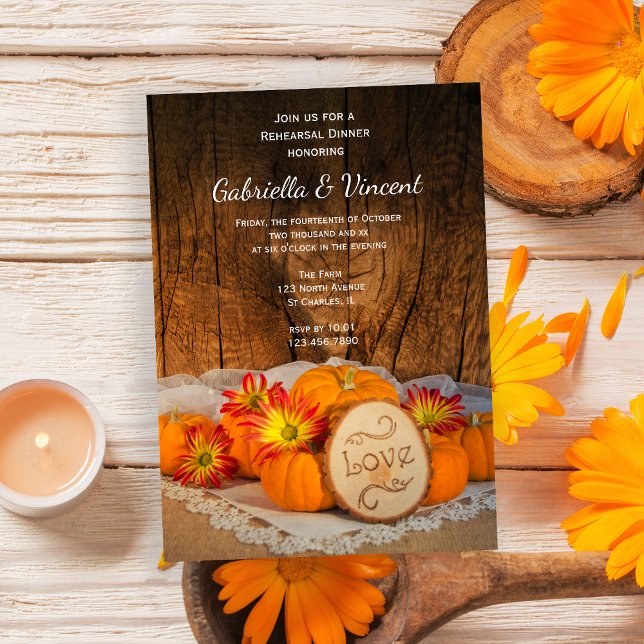 Rustic Pumpkins Fall Barn Wedding Rehearsal Dinner Invitation (Invite guests to your Autumn gathering with the Rustic Pumpkins Fall Wedding Rehearsal Dinner Invite)