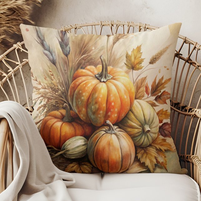 Rustic Pumpkins & Leaves Boho Fall Throw Pillow (Rustic Pumpkins & Leaves Boho Fall Throw Pillow in a boho rattan armchair)