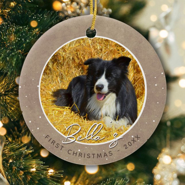 Rustic Puppy First Christmas Dog Photo  Ceramic Ornament (Creator Uploaded)
