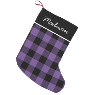 Rustic Purple and Black Buffalo Check Monogram Small Christmas Stocking