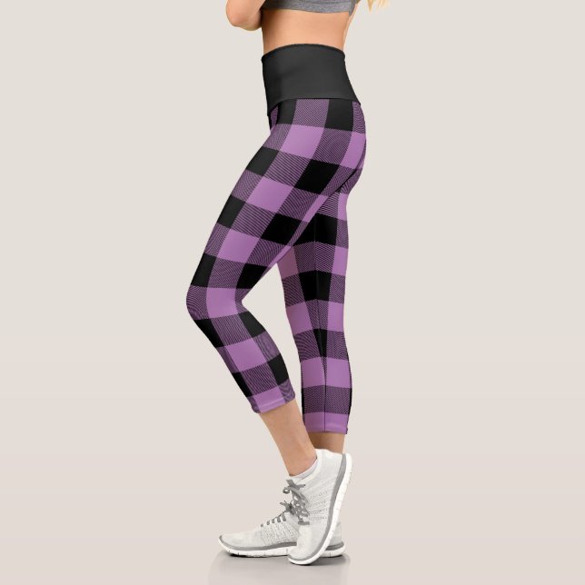 Rustic Purple and Black Buffalo Plaid Pattern Capri Leggings (Left)