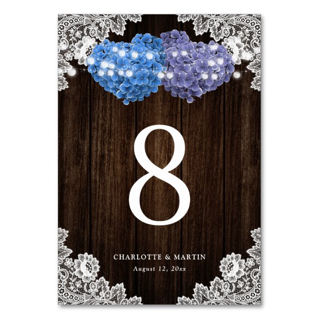 Rustic Purple and Blue Wood Lace Floral Table Number (Front)