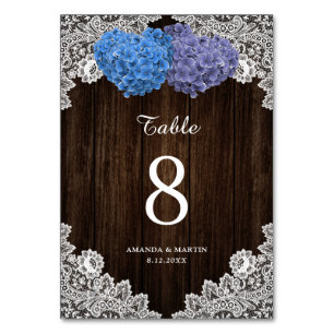Rustic Purple and Blue Wood Lace Floral Table Number