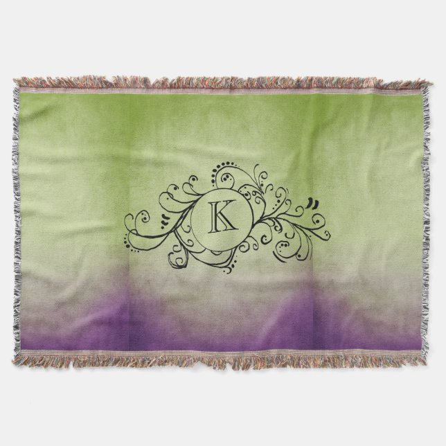Rustic Purple and Green Bohemian Flourish Throw Blanket (Front)