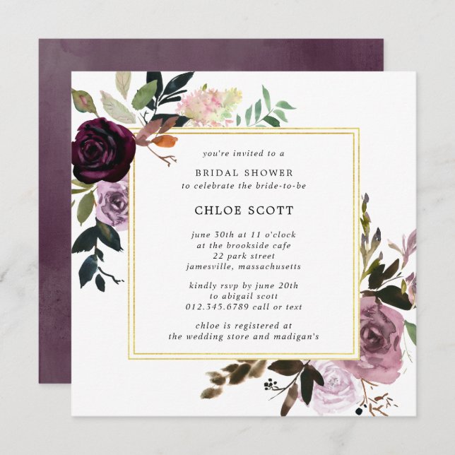 Rustic Purple and Mauve Pink Floral Bridal Shower Invitation (Front/Back)