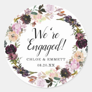 Rustic Purple and Pink Floral We're Engaged Classic Round Sticker