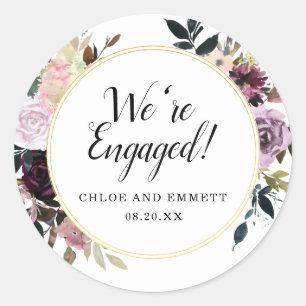 Rustic Purple and Pink Floral We're Engaged Classic Round Sticker