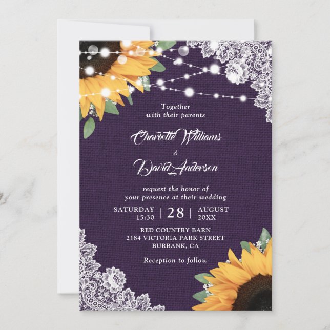 Rustic Purple and Sunflower Wedding Invitations (Front)