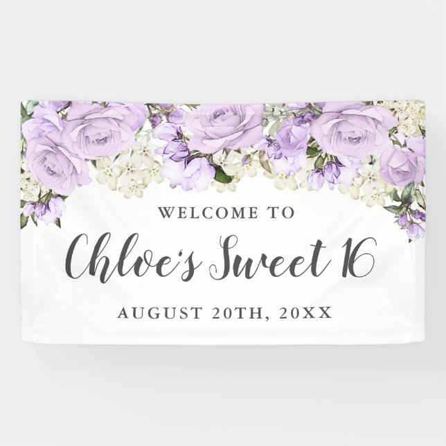 Rustic Purple and White Floral Sweet 16 Party Banner (Horizontal)