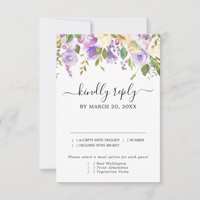 Rustic Purple and White RSVP Card, Meal Options (Front)