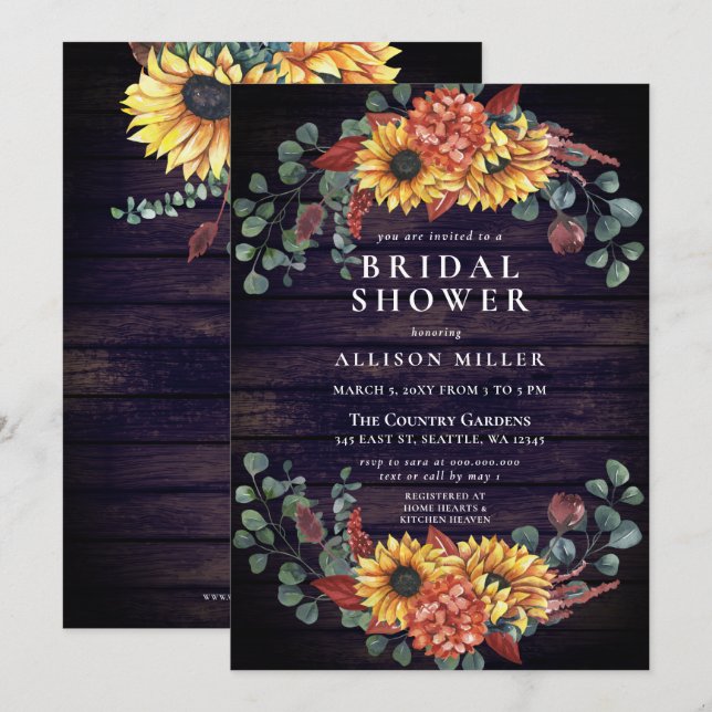 Rustic Purple Barn Wood Sunflowers Bridal Shower Invitation (Front/Back)