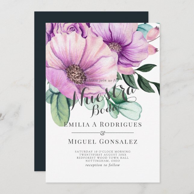 Rustic Purple Bloom Nuestra Boda Spanish Wedding Invitation (Front/Back)