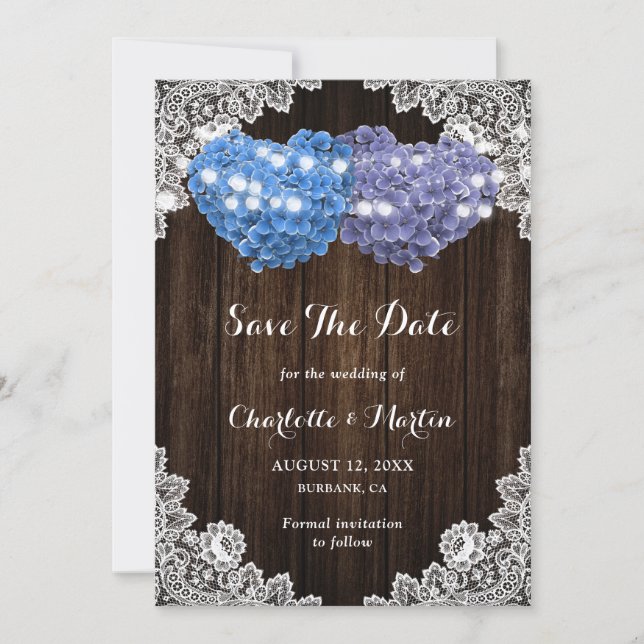 Rustic Purple Blue Hydrangea Rustic Wood Wedding Save The Date (Front)