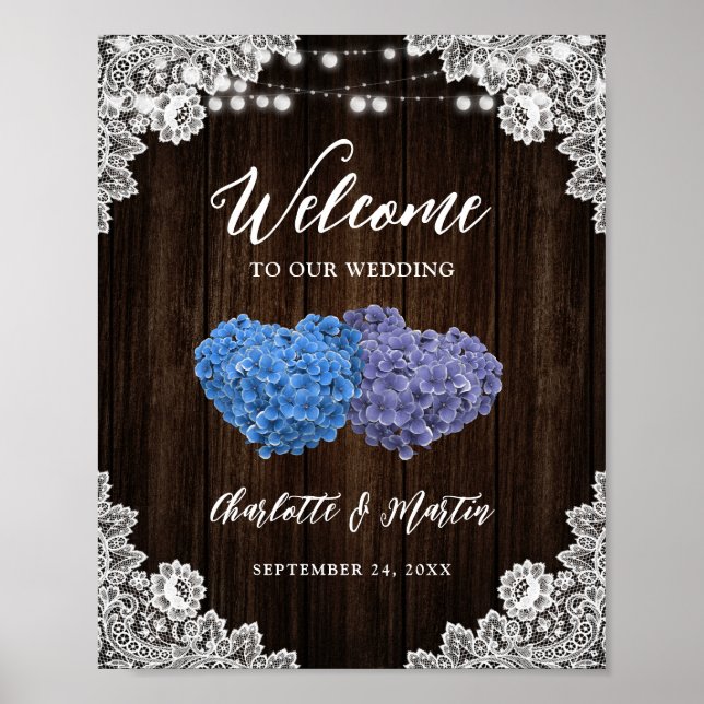 Rustic Purple Blue Wood Wedding Welcome Sign (Front)
