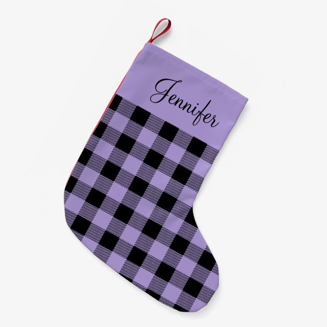 Rustic Purple Buffalo Plaid Name  Small Christmas Stocking (Front (Hanging))