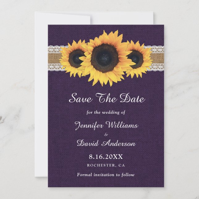 Rustic Purple Burlap Lace Lights Sunflower Wedding Save The Date (Front)