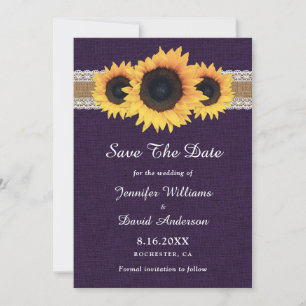 Rustic Purple Burlap Lace Lights Sunflower Wedding Save The Date