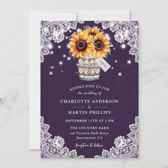 Rustic Purple Burlap Lace Sunflower Wedding Invitation (Front)