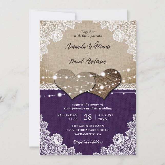 Rustic Purple Burlap Lace Wedding Invitation (Front)