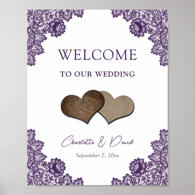 Rustic Purple Burlap Lace Wedding Reception Sign (Front)