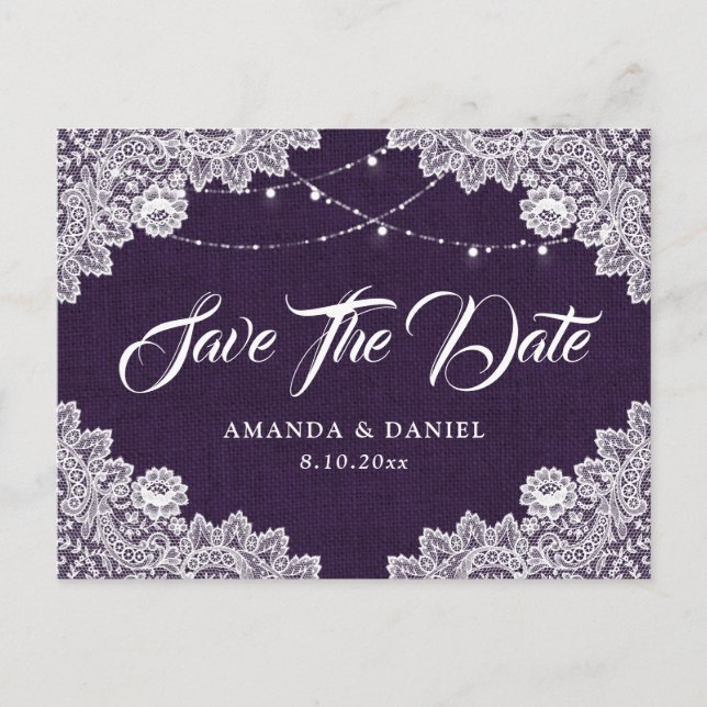 Rustic Purple Burlap Lace Wedding Save The Date Announcement Postcard (Front)
