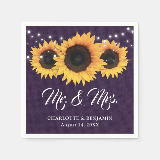 Rustic Purple Burlap Sunflower Wedding Napkin (Front)