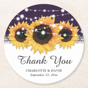 Rustic Purple Burlap Sunflower Wedding Round Paper Coaster