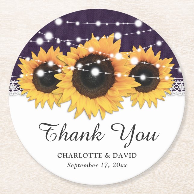 Rustic Purple Burlap Sunflower Wedding Round Paper Coaster (Front)